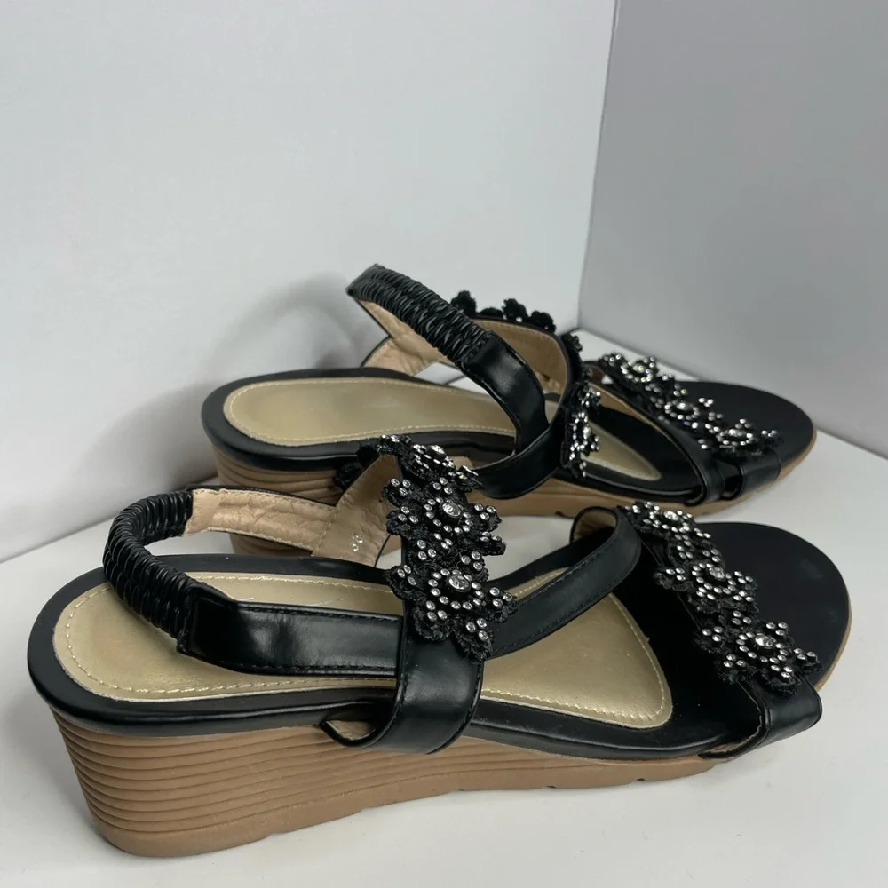 Chic Black Beaded Wedge Sandals‎